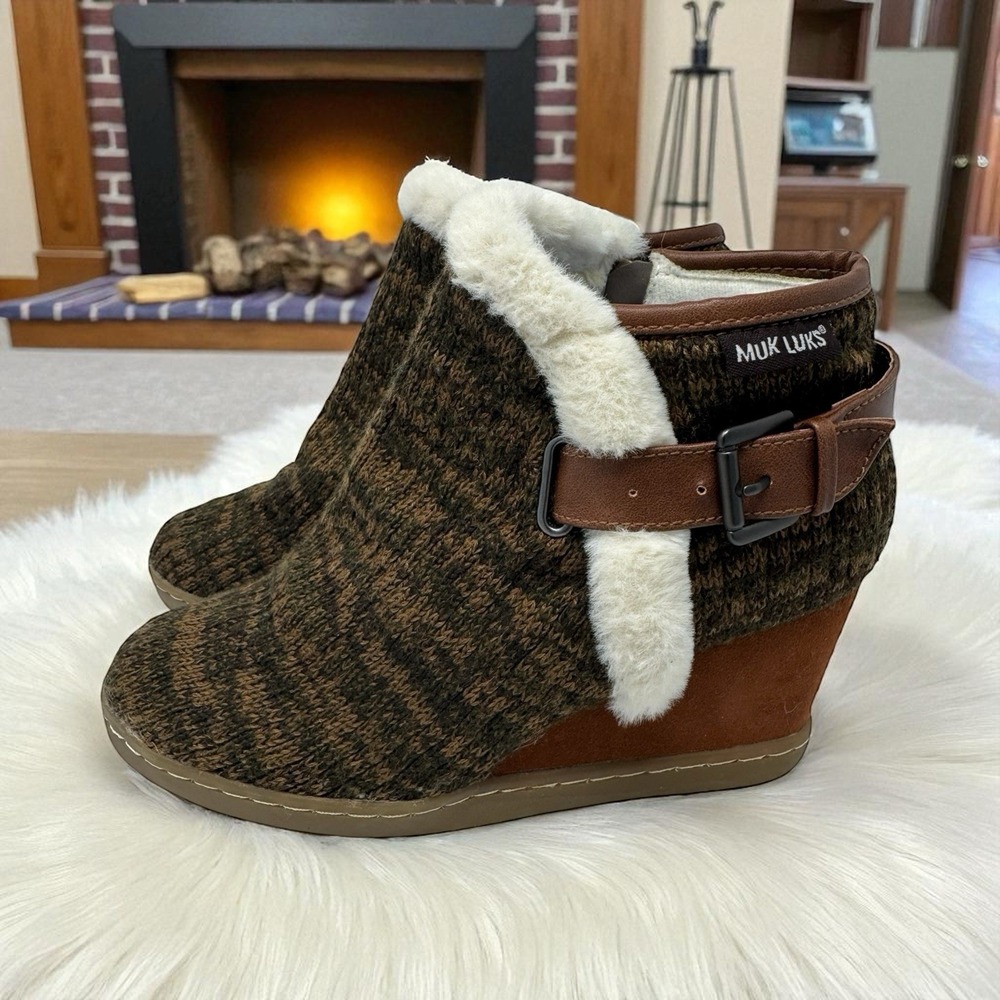 Y2K 🤑Chunky❄️Muk Luks Knit Sweater Wedge Booties‎ Fur Trim Boots Cottagecore